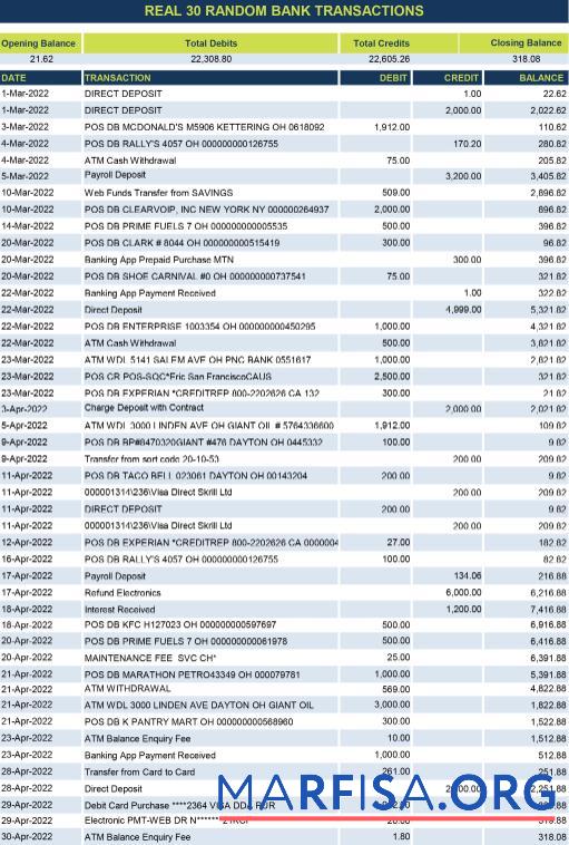 Blank Real random transactions bank statement excel download for verification
